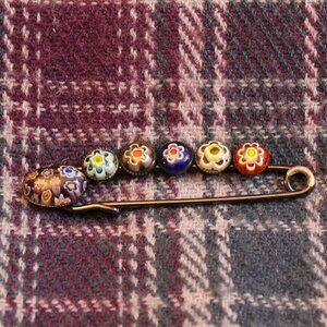 Art Glass Millefiori Cabochon Safety Pin Brooch